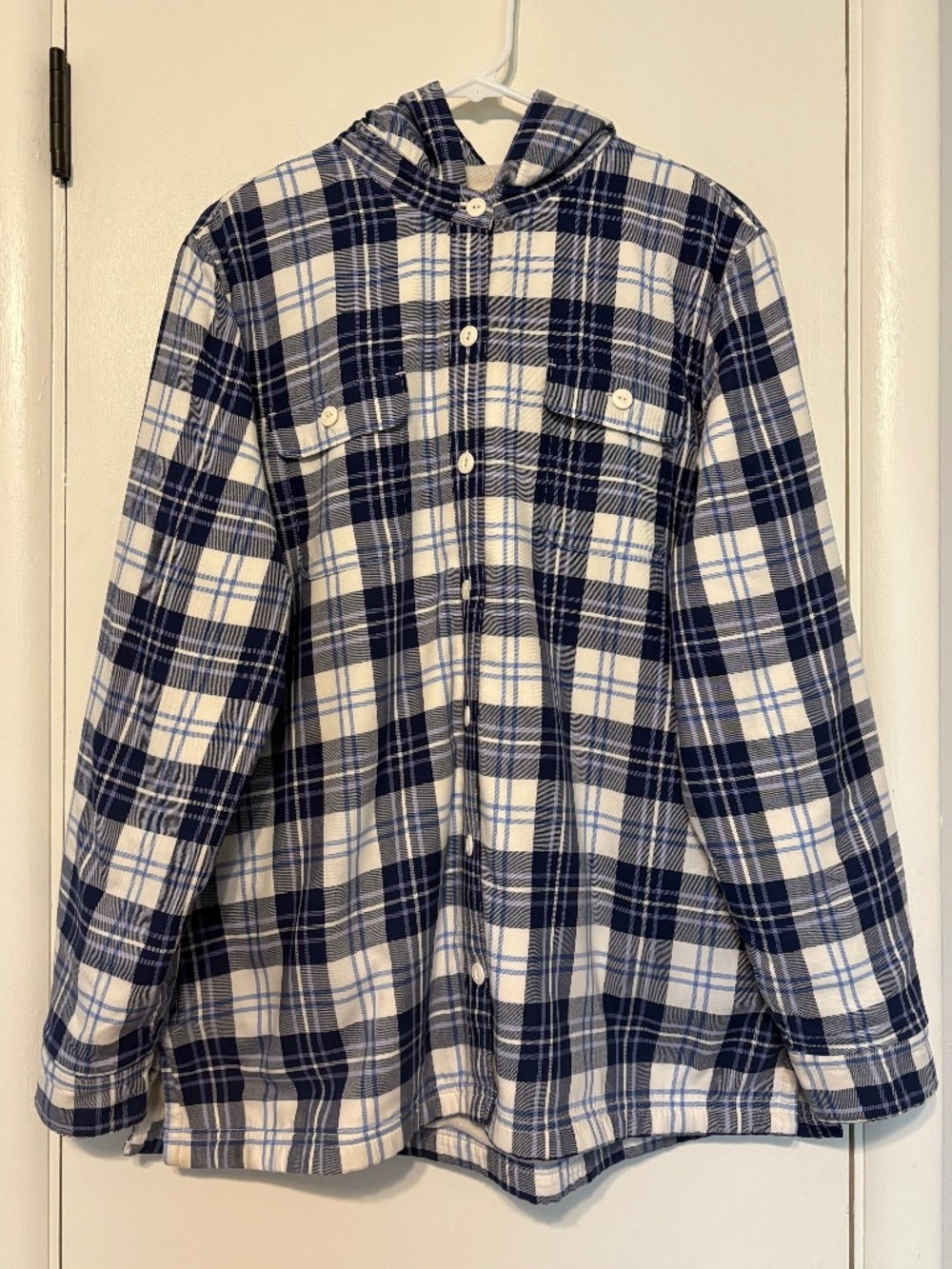 L.L. Bean Womens Blue Plaid Fleece-Lined Flannel Button-Front Hoodie Shirt Top L